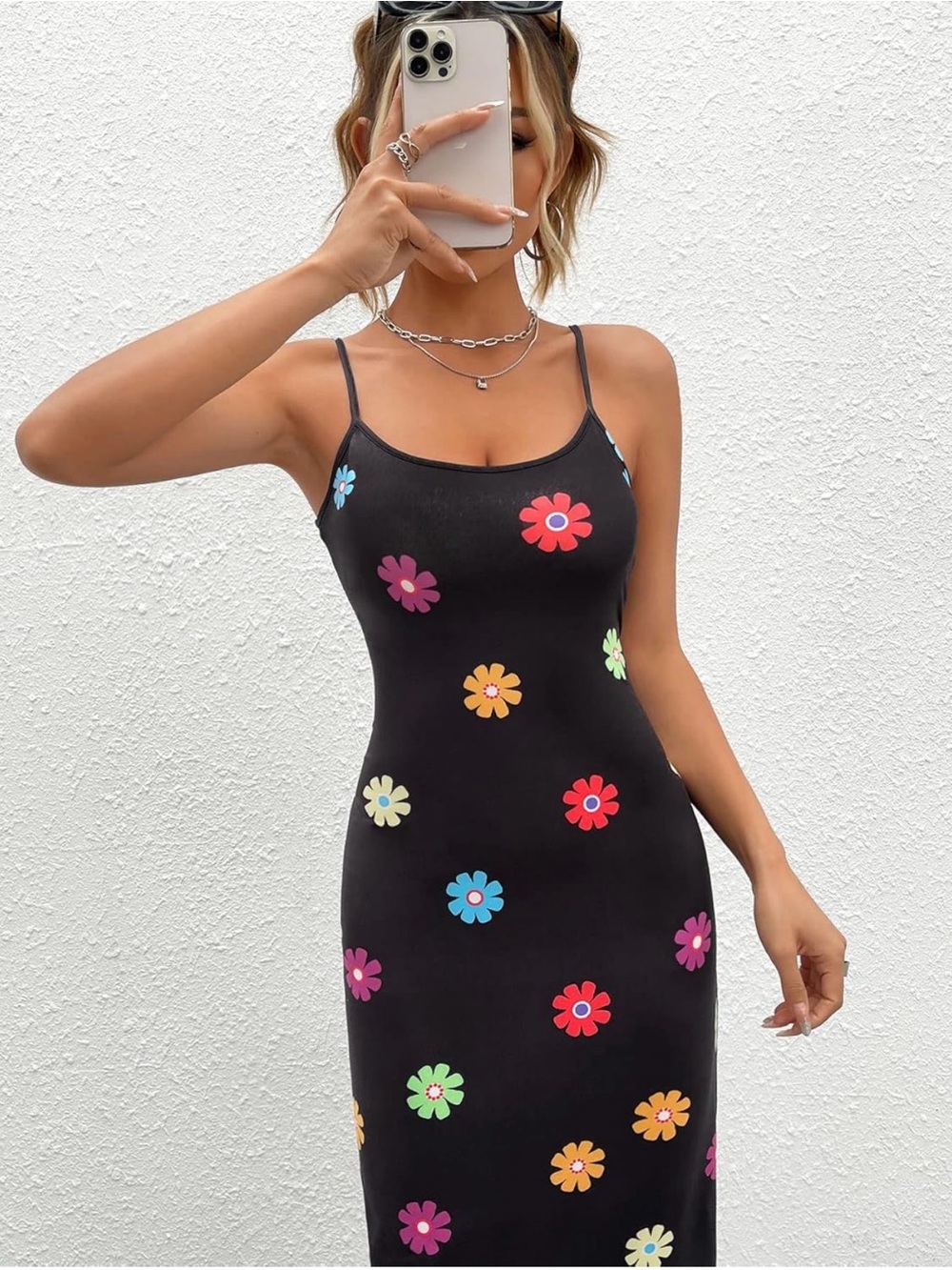 SHEIN Black Floral Slip Midi Dress with Multicolor Daisy Print - Picture 8 of 8